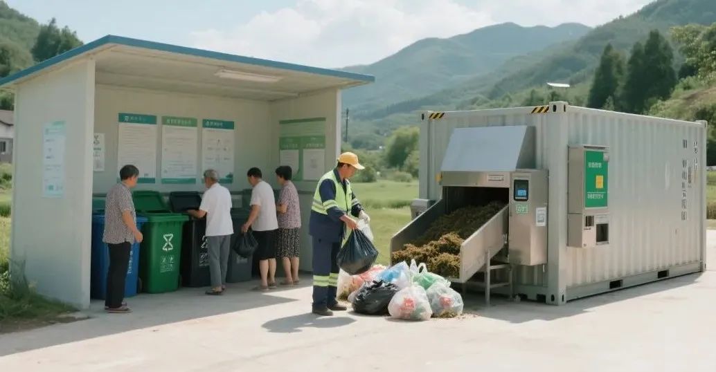 農(nóng)村垃圾分類站點，環(huán)衛(wèi)工人在分揀垃圾，居民在投放垃圾。旁邊還有一個自動進出料的堆肥發(fā)酵裝備，集裝箱式的樣子。.jpeg